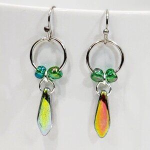 Czechoslovakian Iridescent Green Glass Dagger Earrings Lightweight Minimalist